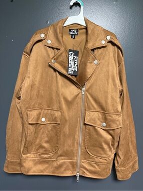 NWT Future Collective Faux Suede Relaxed Moto Jacket Cognac S